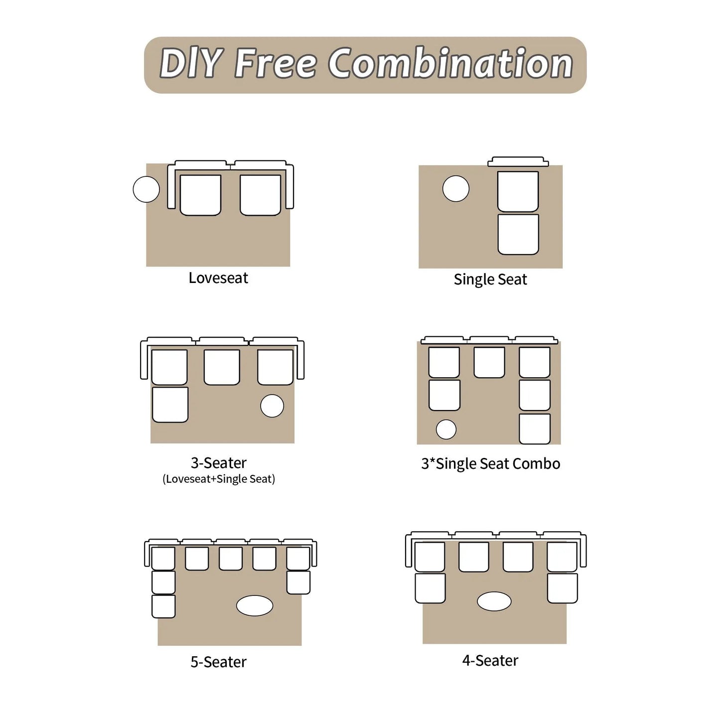 2-Seater Large Sectional Couches diagram showing 3-, 4-, 5-seat layouts in tan tones on Tampa Home & Garden Store