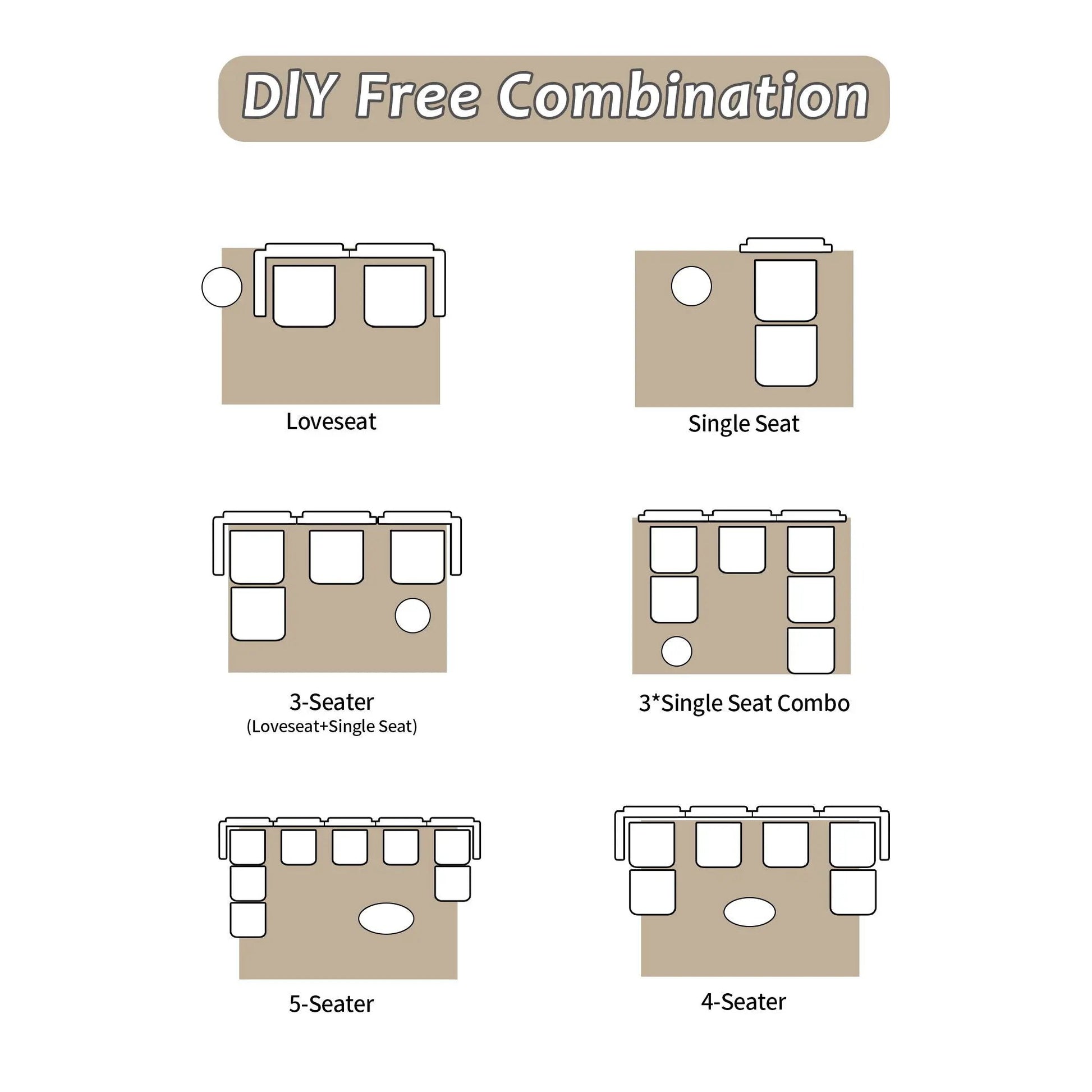 2-Seater Large Sectional Couches diagram showing 3-, 4-, 5-seat layouts in tan tones on Tampa Home & Garden Store