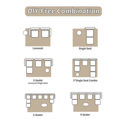2-Seater Large Sectional Couches diagram showing 3-, 4-, 5-seat layouts in tan tones on Tampa Home & Garden Store