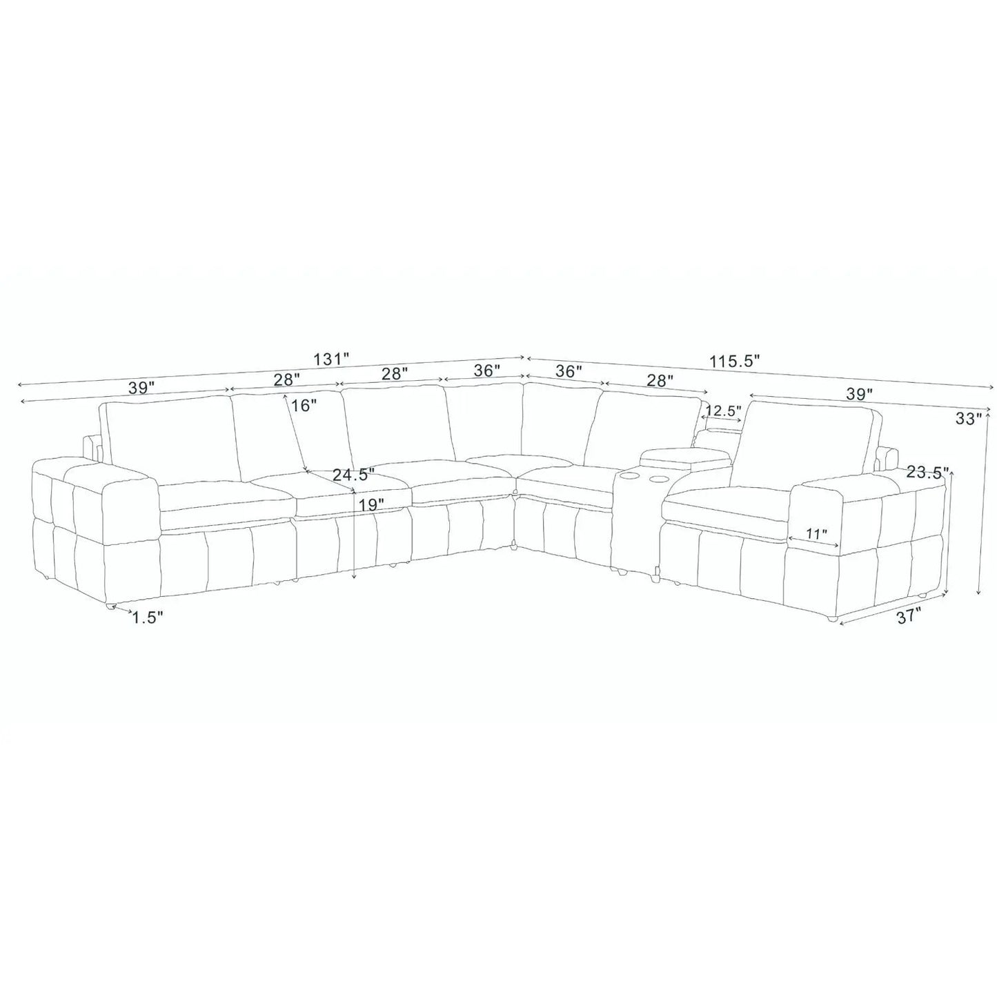 Upholstered large arms sectional with recliner seats, L-shaped layout with left chaise on Tampa Home & Garden Store