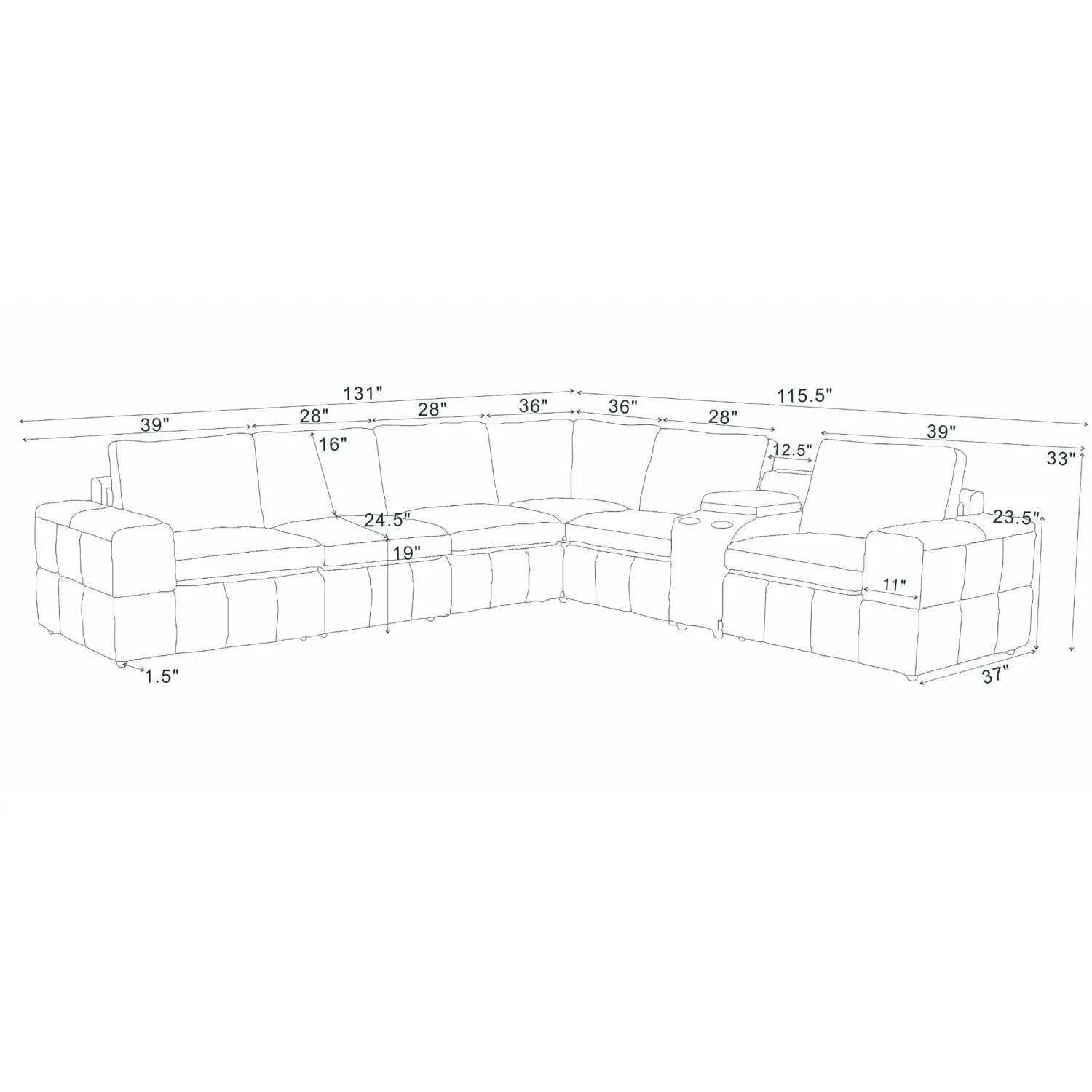 Upholstered large arms sectional with recliner seats, L-shaped layout with left chaise on Tampa Home & Garden Store