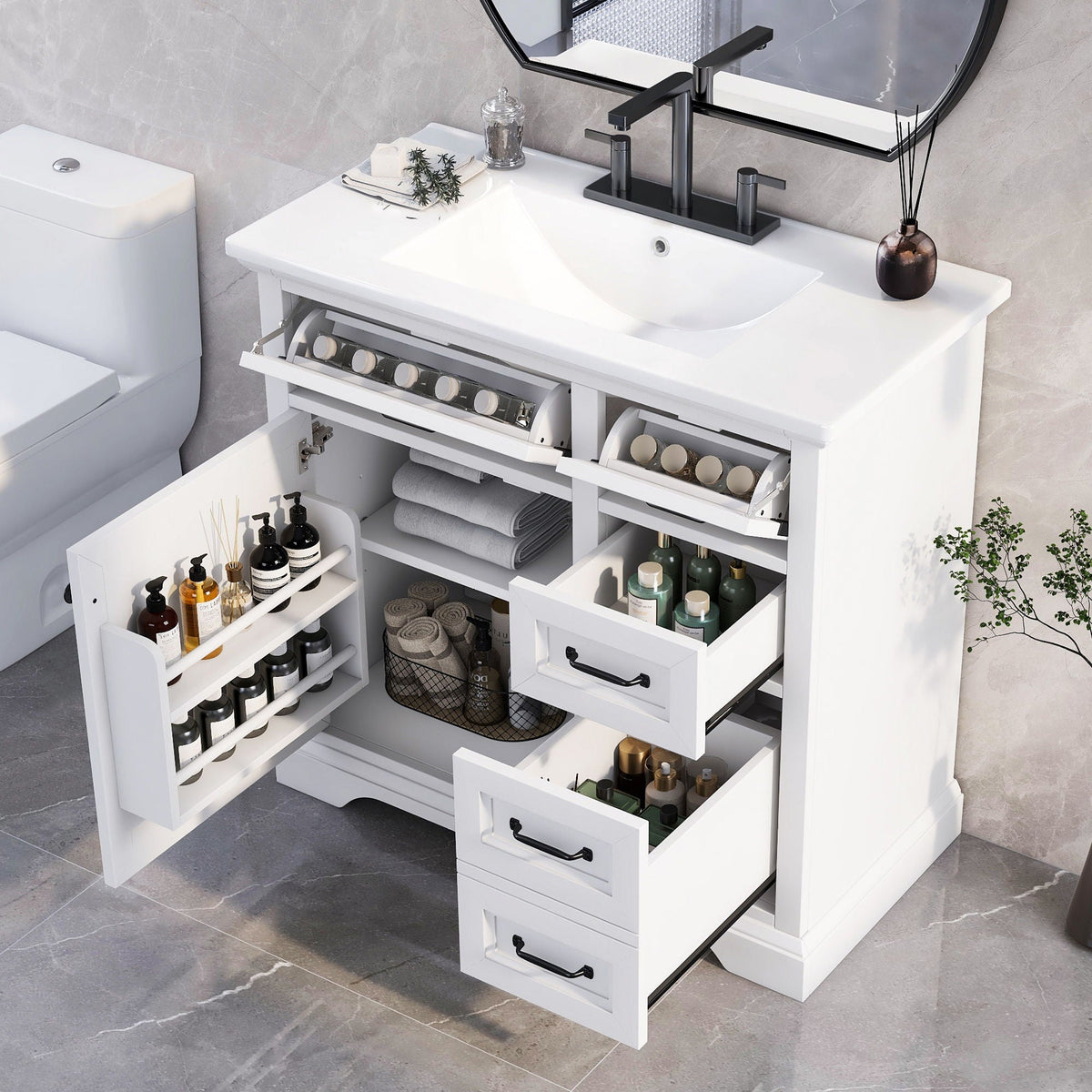 36-inch white bathroom vanity with sink, soft-close hinges and drawers on Tampa Home & Garden Store