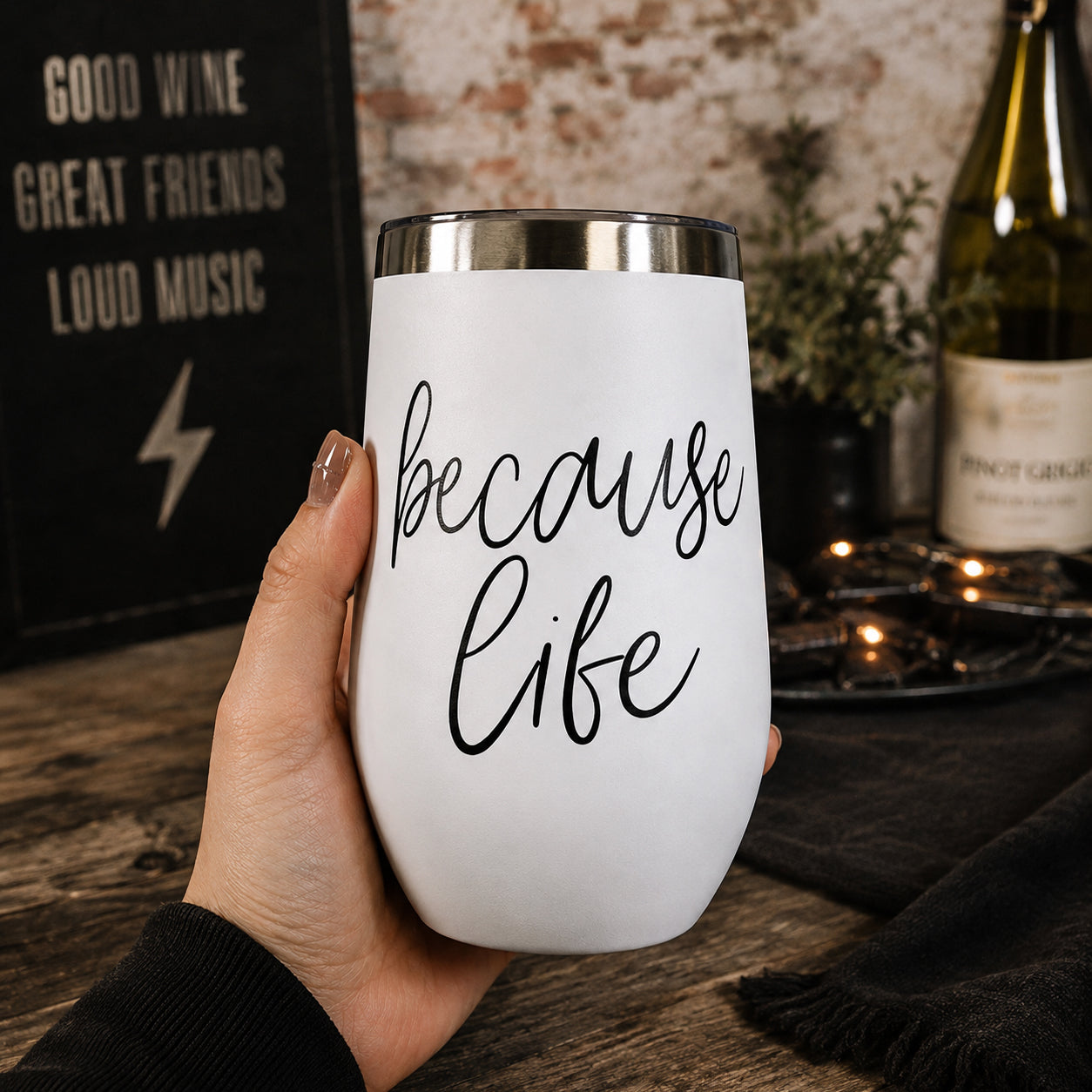 Tumbler Gia Roma Because Life 17oz, white matte finish with black script, stainless lip on Tampa Home & Garden Store