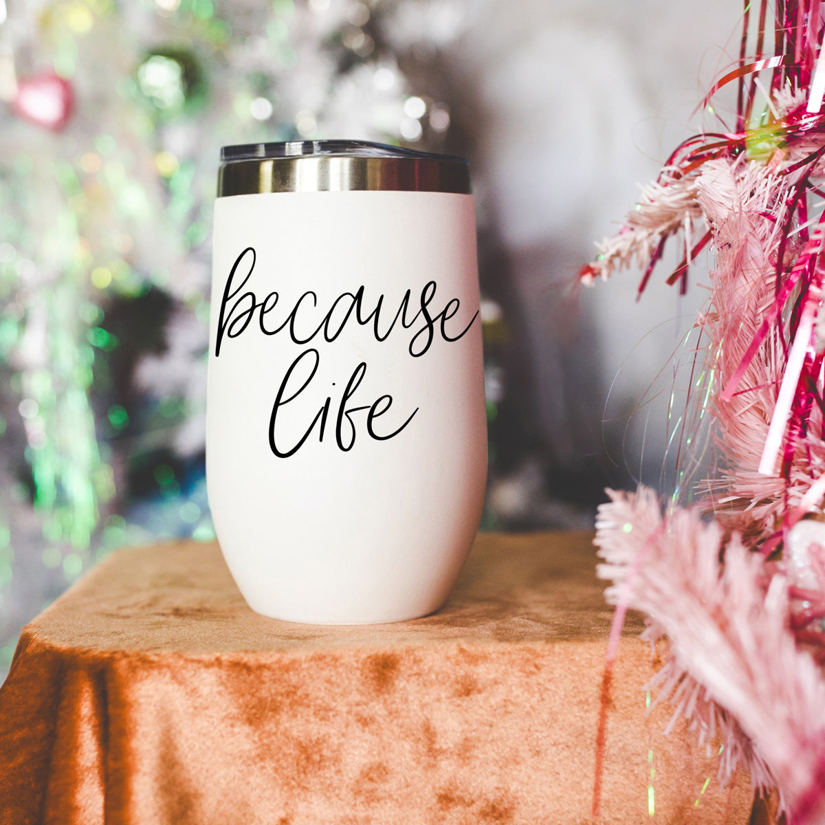 Tumbler Gia Roma 17oz white with black because life script and stainless lid on Tampa Home & Garden Store