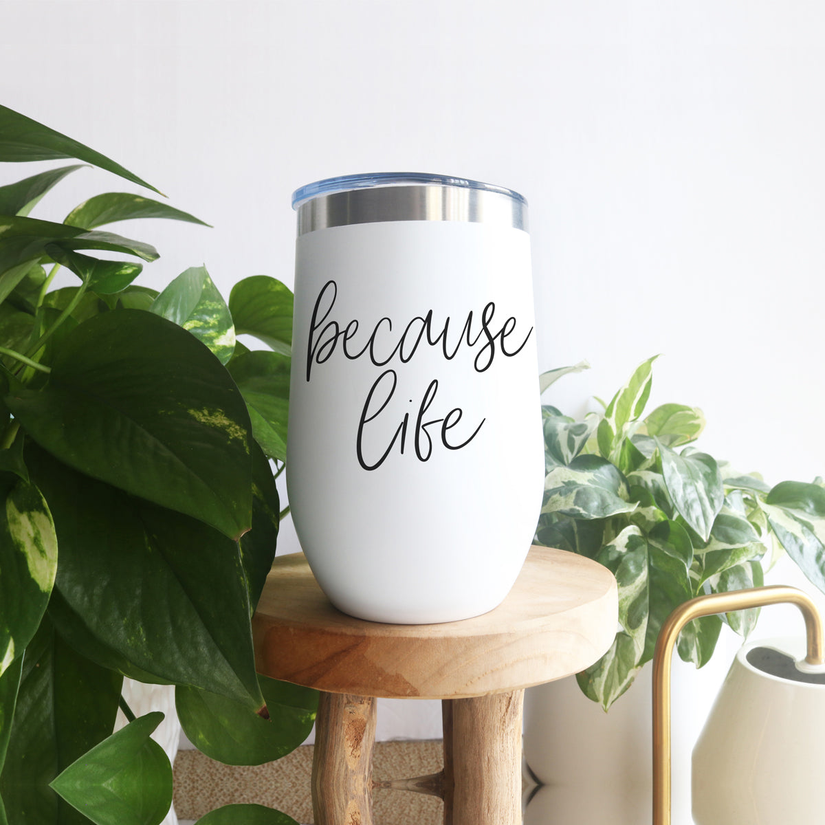 Because Life 17oz tumbler by Gia Roma white matte body, stainless steel rim on Tampa Home & Garden Store