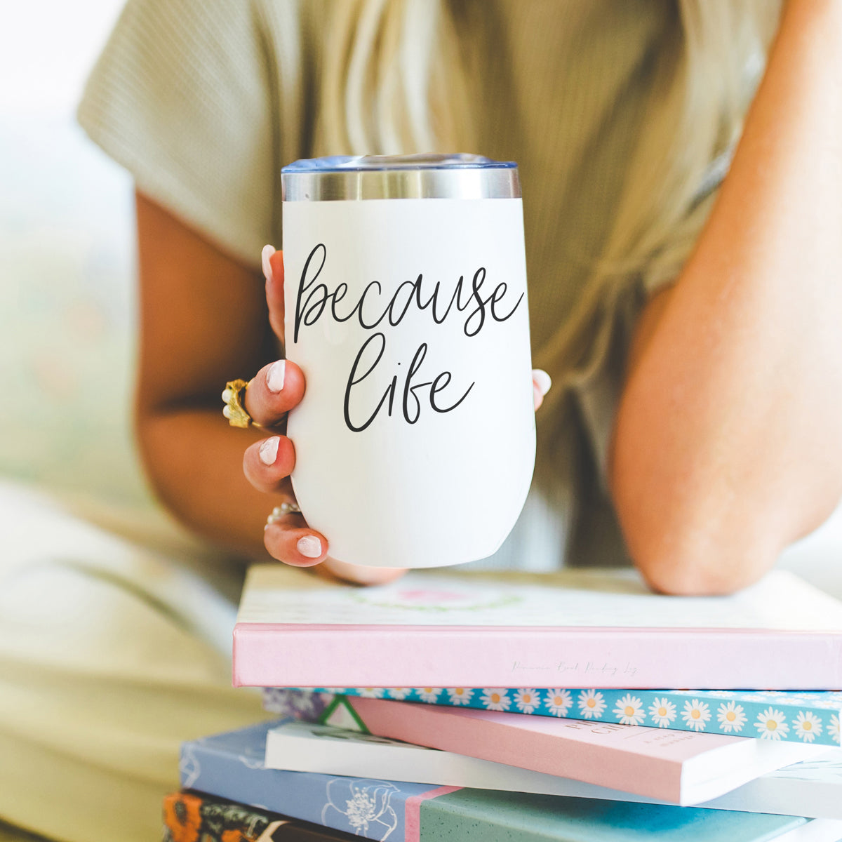 Because Life 17oz tumbler by Gia Roma in white with black script, stainless steel lid on Tampa Home & Garden Store