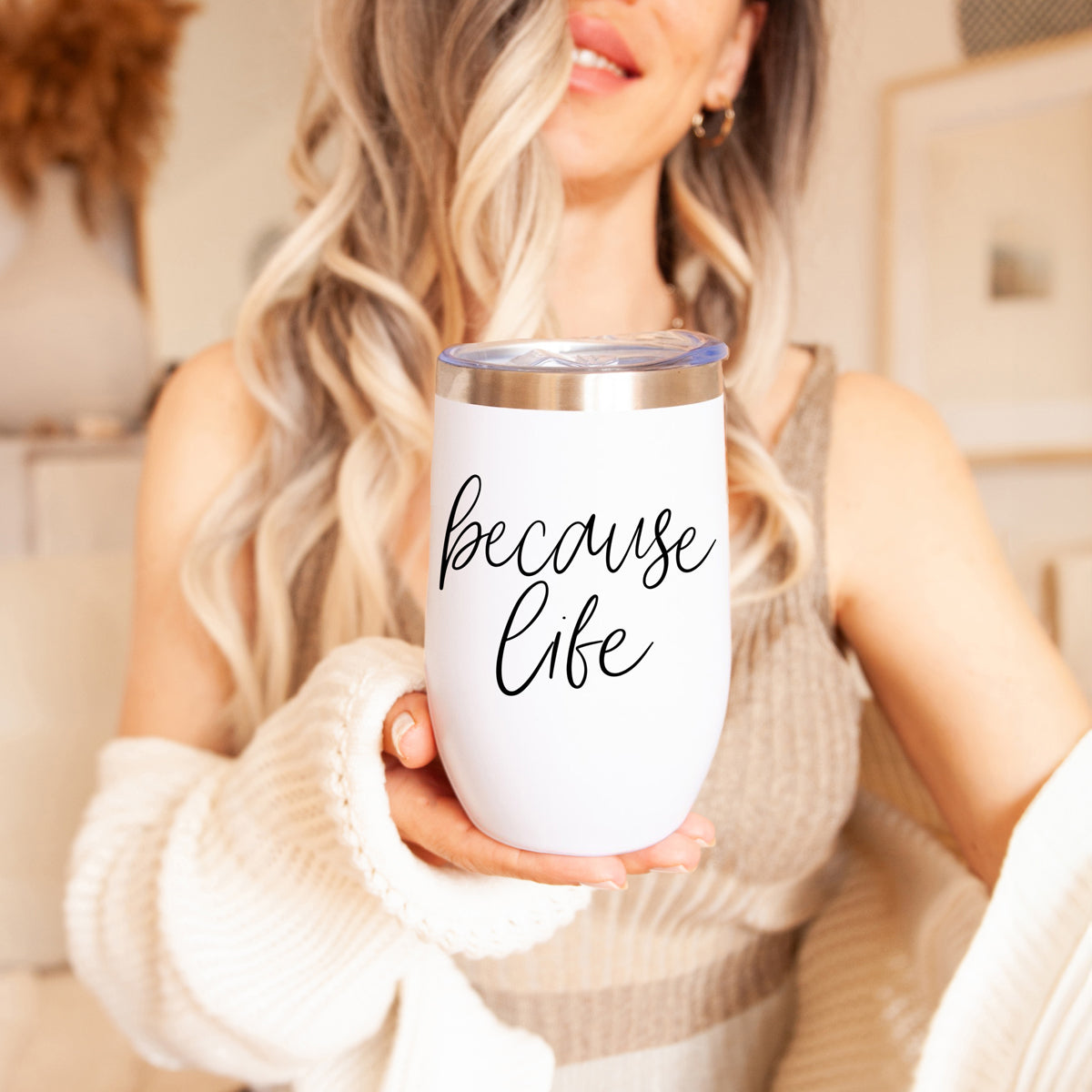 Because Life 17oz tumbler by Gia Roma, white stainless steel with blue lid on Tampa Home & Garden Store