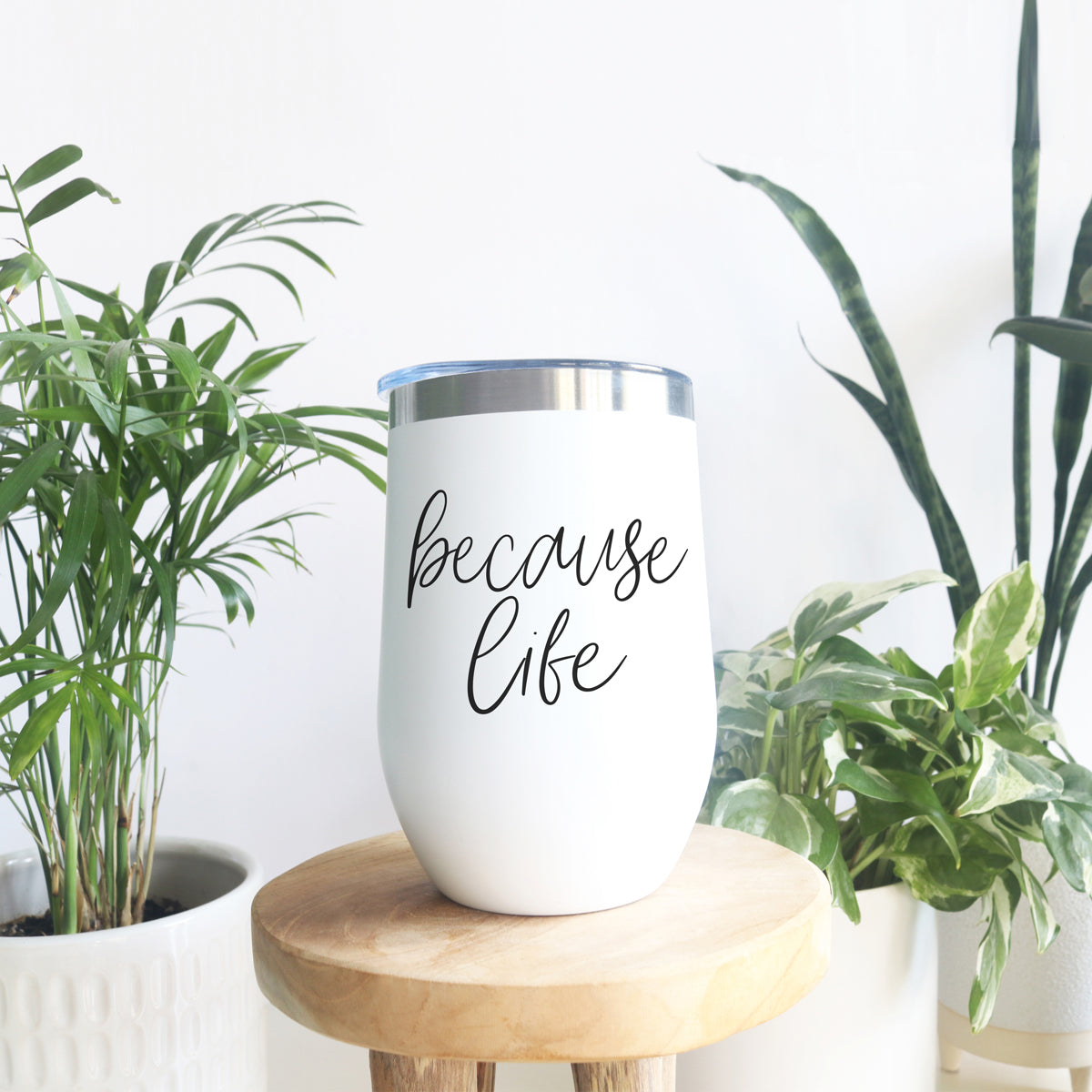 Because Life 17oz tumbler by Gia Roma, white stainless steel with silver rim on Tampa Home & Garden Store