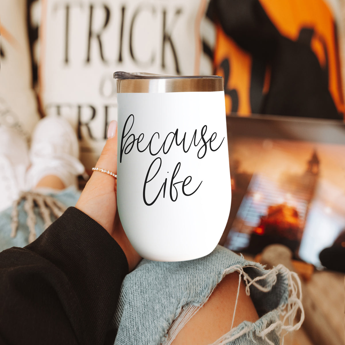 Gia Roma Because Life 17oz tumbler white with stainless steel lid on Tampa Home & Garden Store