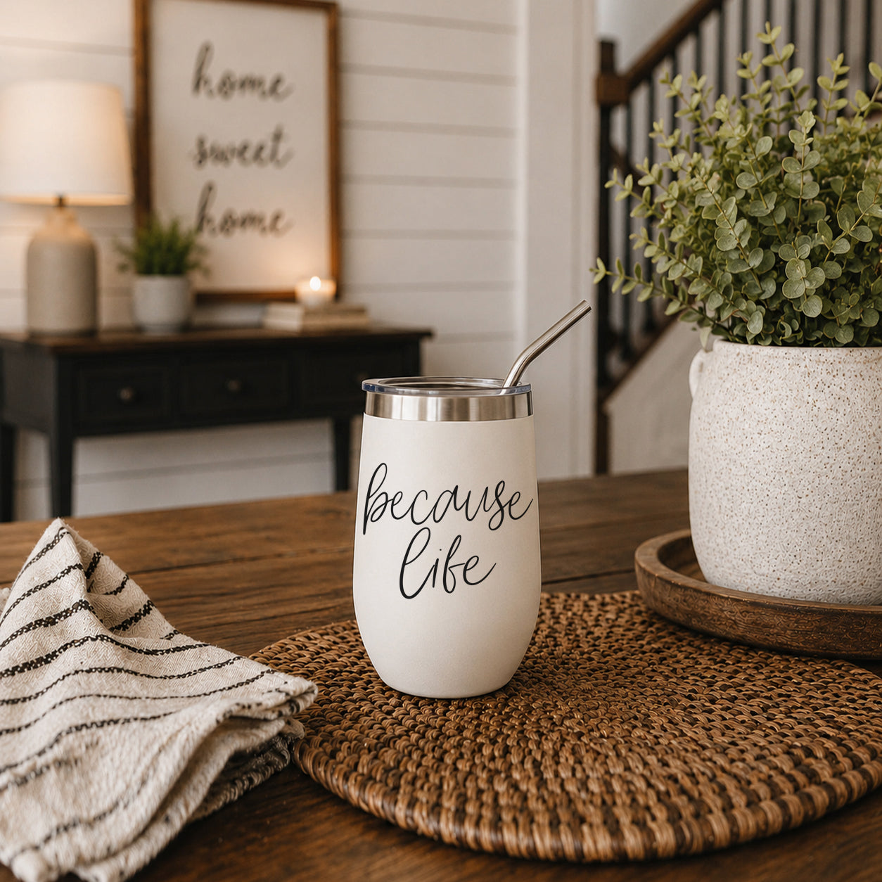 Because Life 17oz tumbler Gia Roma, white body with stainless lid and straw on Tampa Home & Garden Store