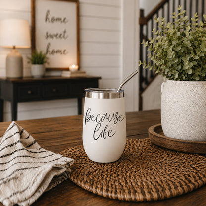 Because Life 17oz tumbler Gia Roma, white body with stainless lid and straw on Tampa Home & Garden Store