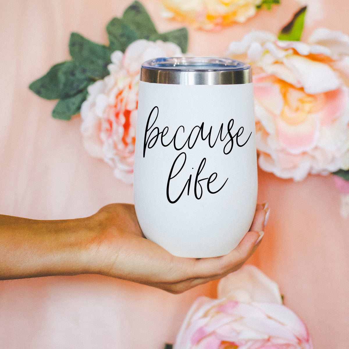 Tumbler Gia Roma Because Life 17oz, white matte finish, stainless steel lid, held by hand on Tampa Home & Garden Store