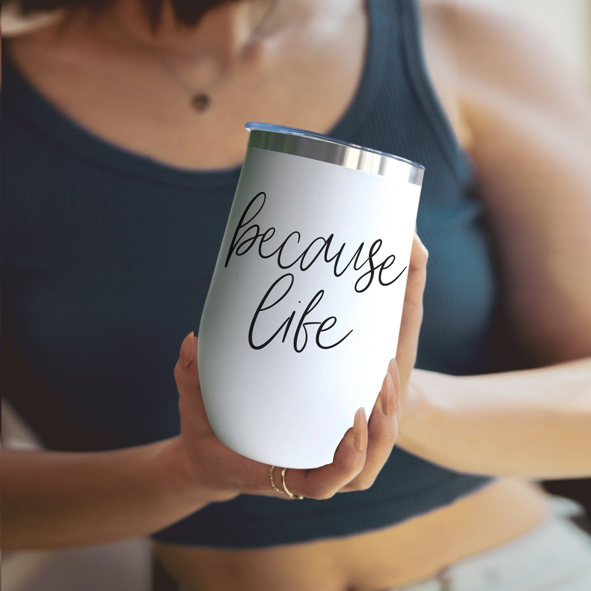 Gia Roma Because Life 17oz tumbler, white stainless steel with black script lettering on Tampa Home & Garden Store
