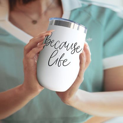 Because Life 17oz tumbler Gia Roma white with blue lid on Tampa Home & Garden Store