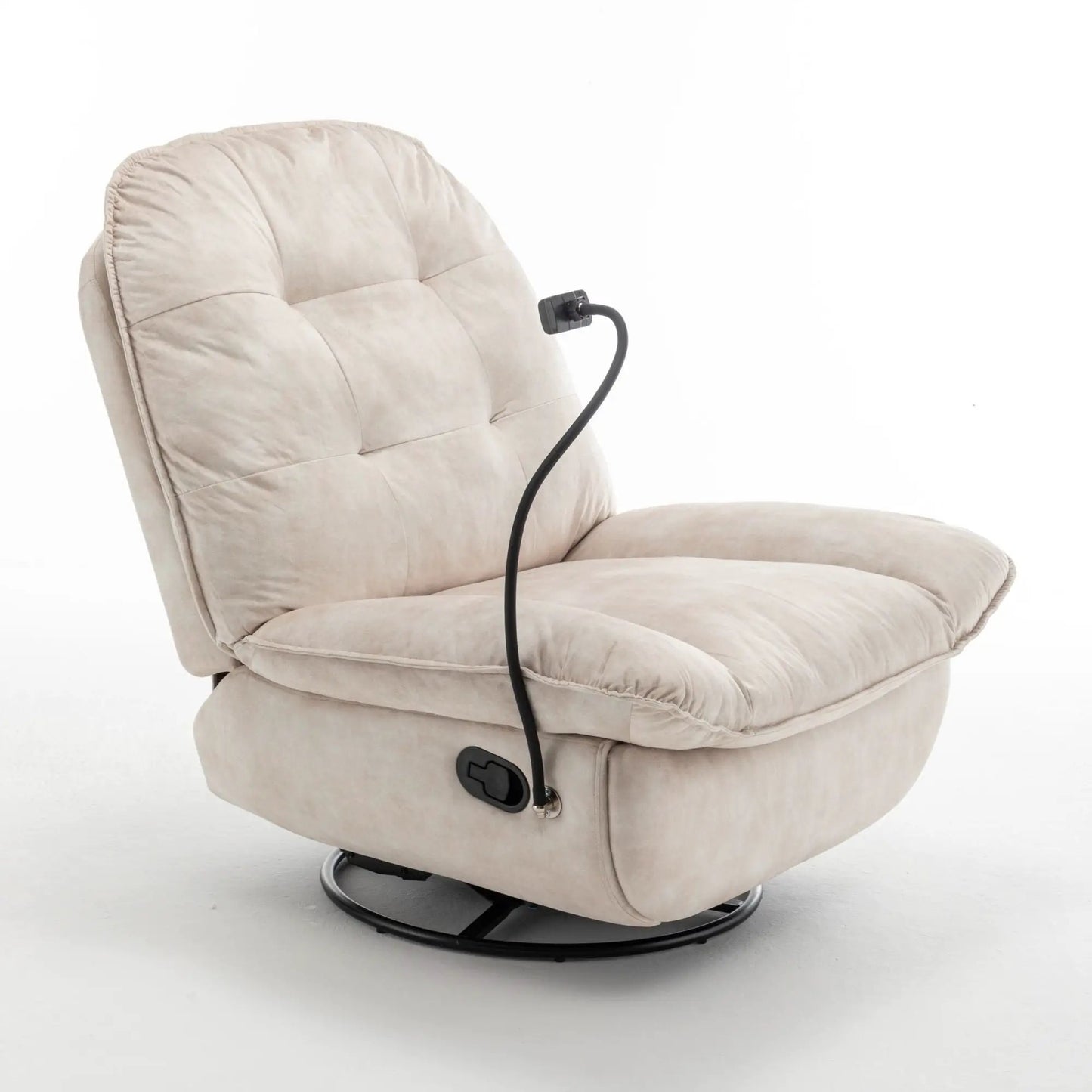 Beige swivel glider recliner chair with phone holder, plush cushions, circular metal base on Tampa Home & Garden Store