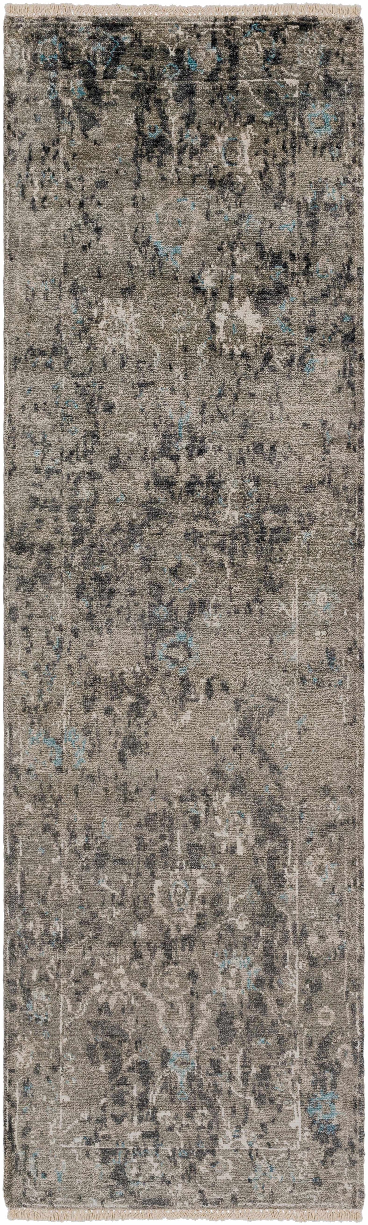 Boutique Rugs Becerril Premium Rug runner in taupe gray with distressed pattern and blue accents on Tampa Home & Garden Store