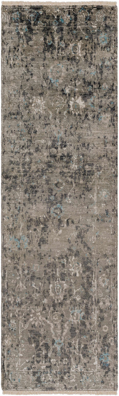 Boutique Rugs Becerril Premium Rug runner in taupe gray with distressed pattern and blue accents on Tampa Home & Garden Store