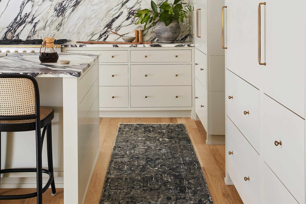 Becerril Premium Rug kitchen runner by Boutique Rugs in charcoal distressed pattern on Tampa Home & Garden Store