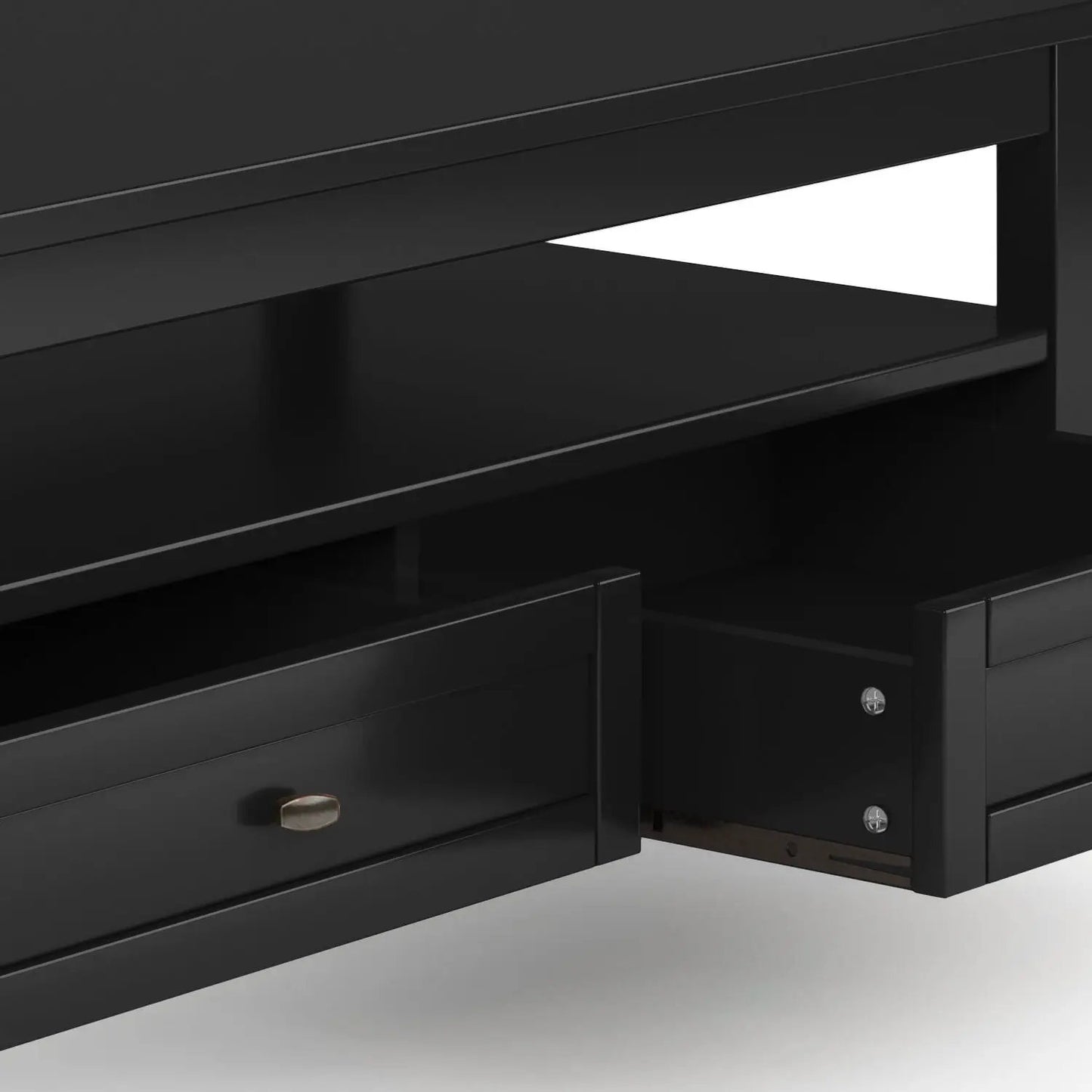 Warm Shaker black matte coffee table, handcrafted with a bronze knob drawer and open shelf on Tampa Home & Garden Store