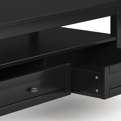 Warm Shaker black matte coffee table, handcrafted with a bronze knob drawer and open shelf on Tampa Home & Garden Store