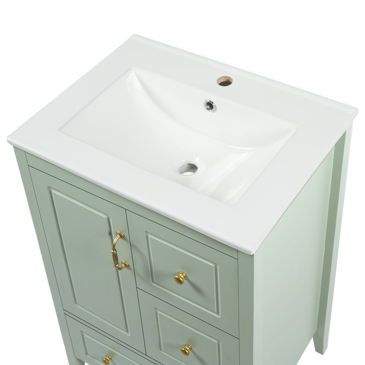 Retro vanity with white ceramic sink atop sage green cabinet with gold hardware on Tampa Home & Garden Store