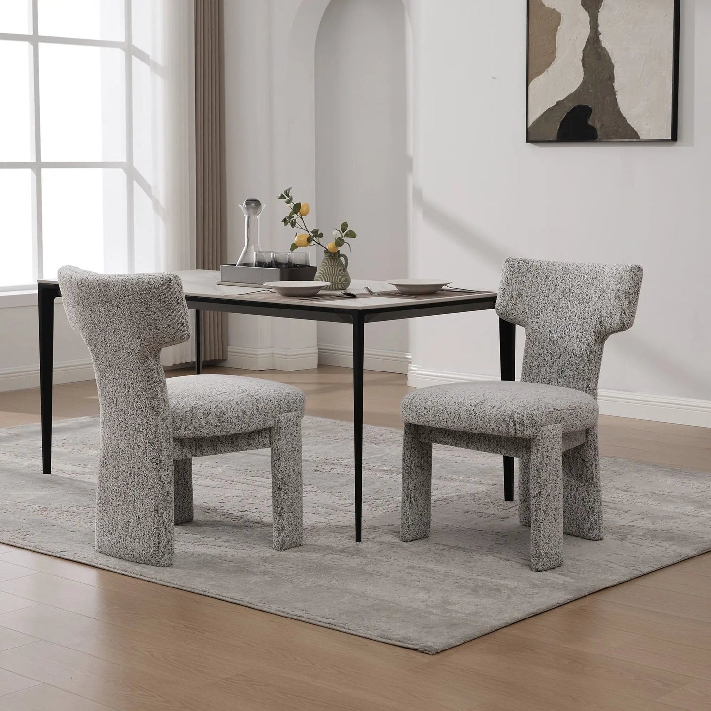 Armless curved-back accent chairs, gray boucle upholstery, black legs, set of 4 on Tampa Home & Garden Store