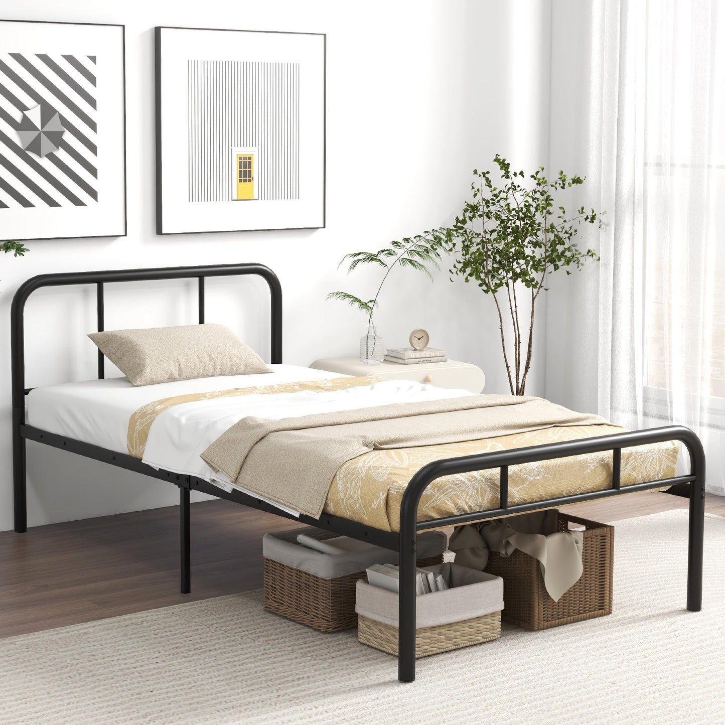 Estructura de cama de metal moderna con cabecero y piecero curvados - Tamaño individual