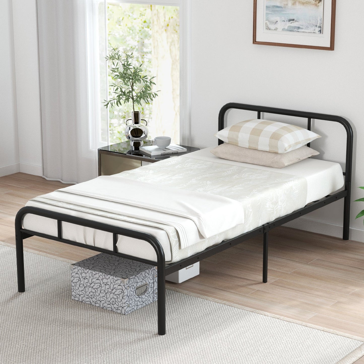 Estructura de cama de metal moderna con cabecero y piecero curvados - Tamaño individual