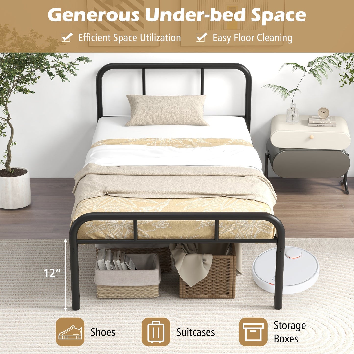 Estructura de cama de metal moderna con cabecero y piecero curvados - Tamaño individual