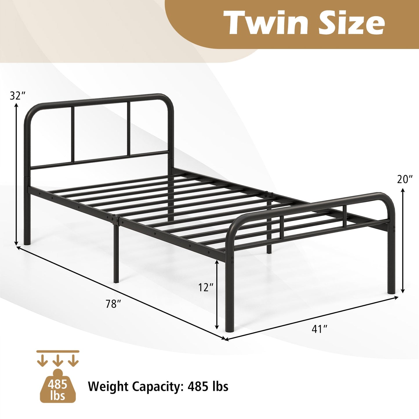 Estructura de cama de metal moderna con cabecero y piecero curvados - Tamaño individual