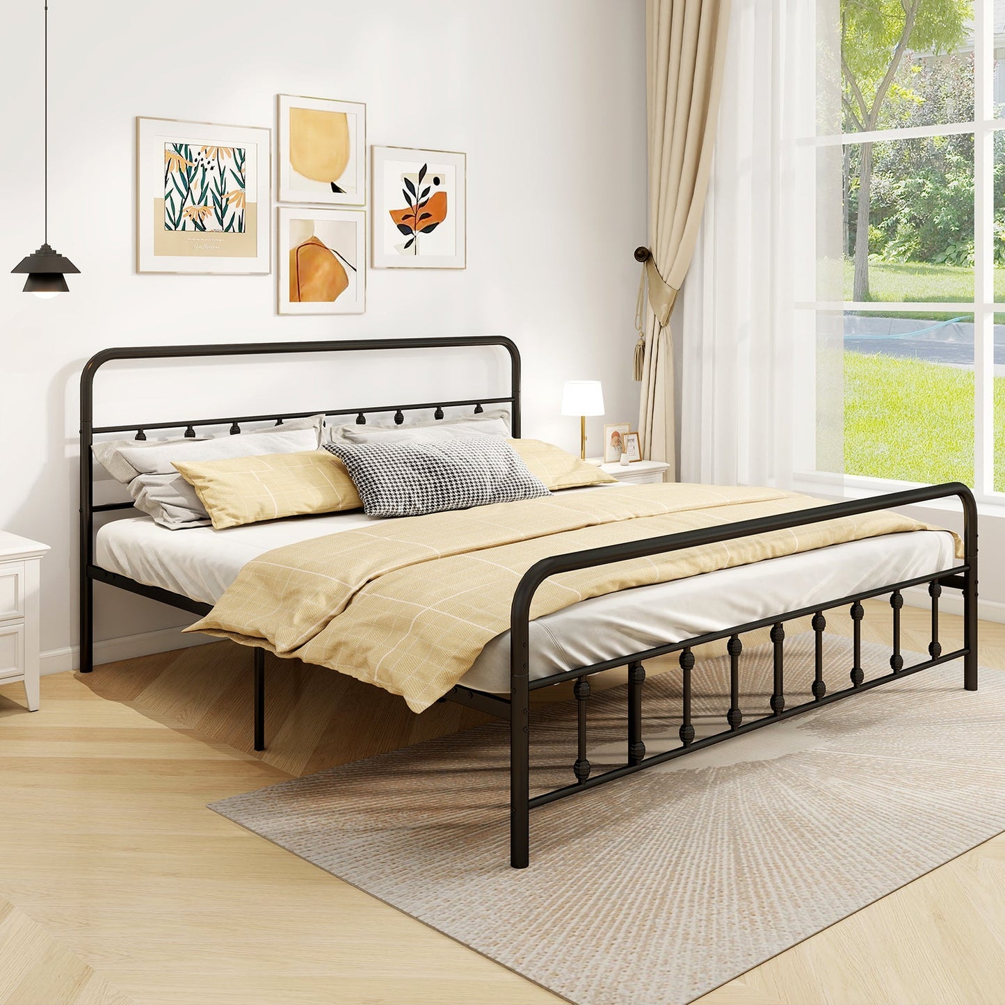 Estructura de cama con cabecero y almacenamiento bajo la cama, color negro, tamaño King