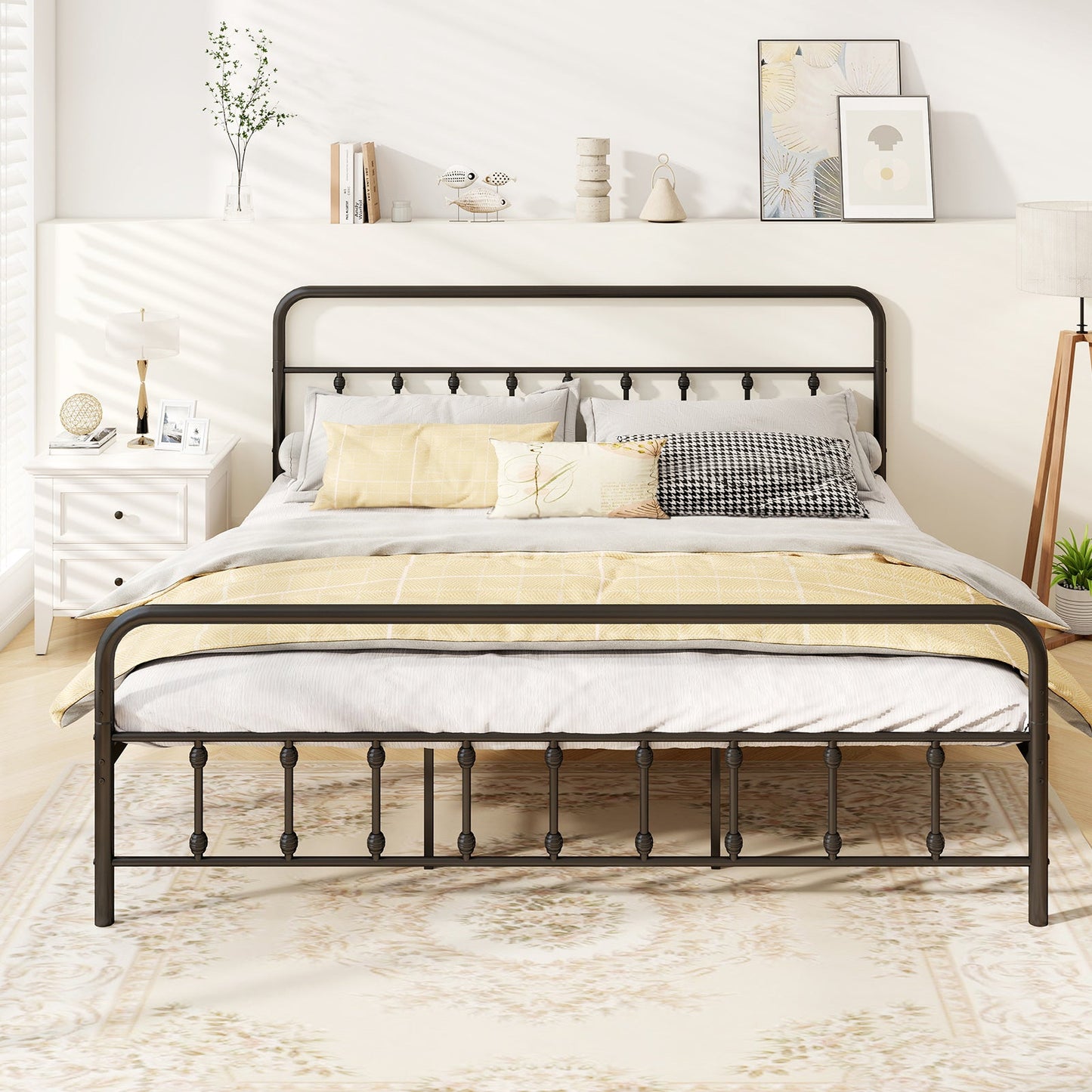Estructura de cama con cabecero y almacenamiento bajo la cama, color negro, tamaño King