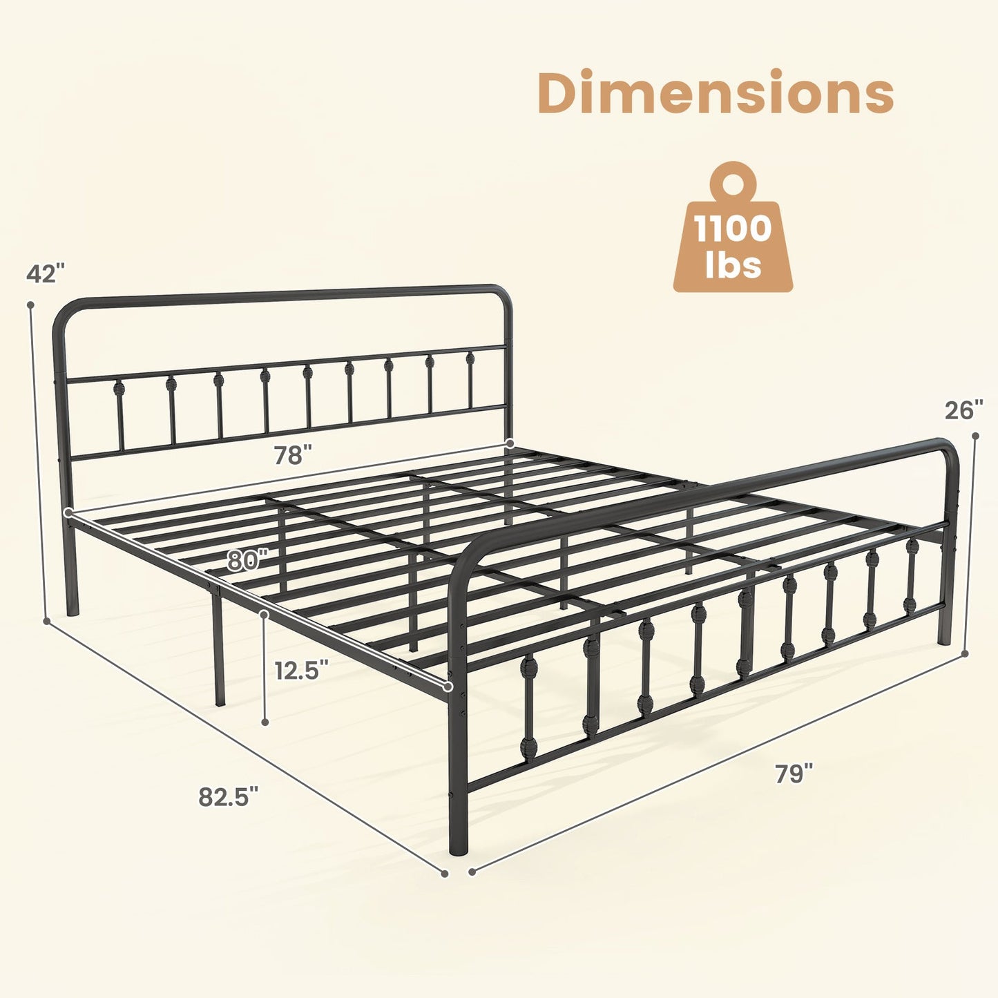 Estructura de cama con cabecero y almacenamiento bajo la cama, color negro, tamaño King