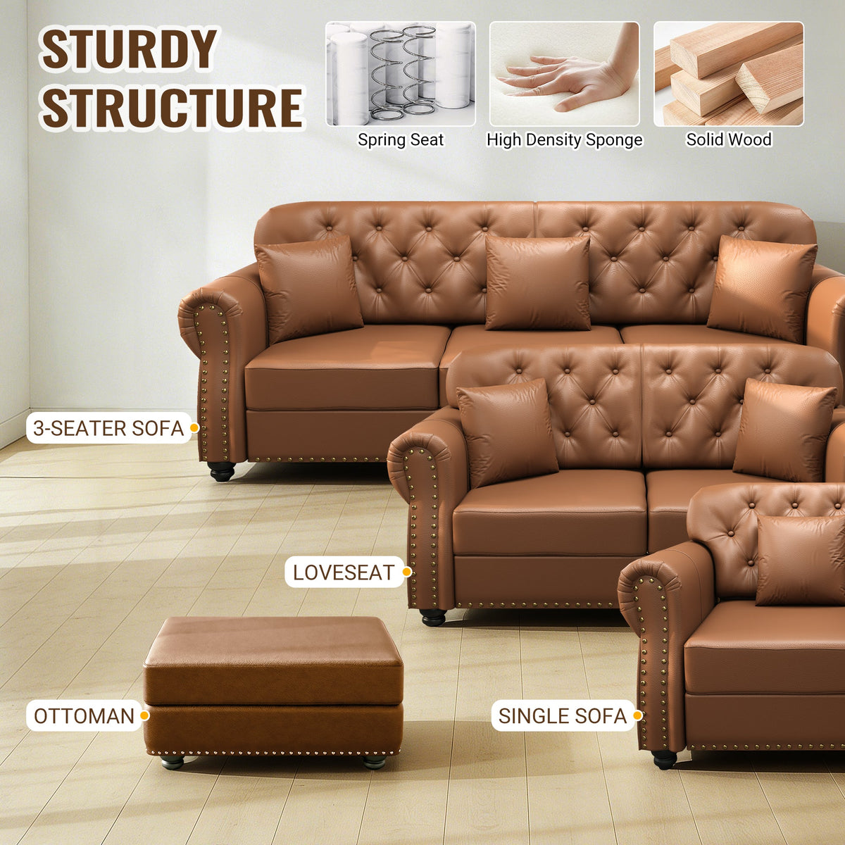 41.3in faux leather 3-seater sofa with nailhead trim in brown by HouseOfZazla on Tampa Home & Garden Store