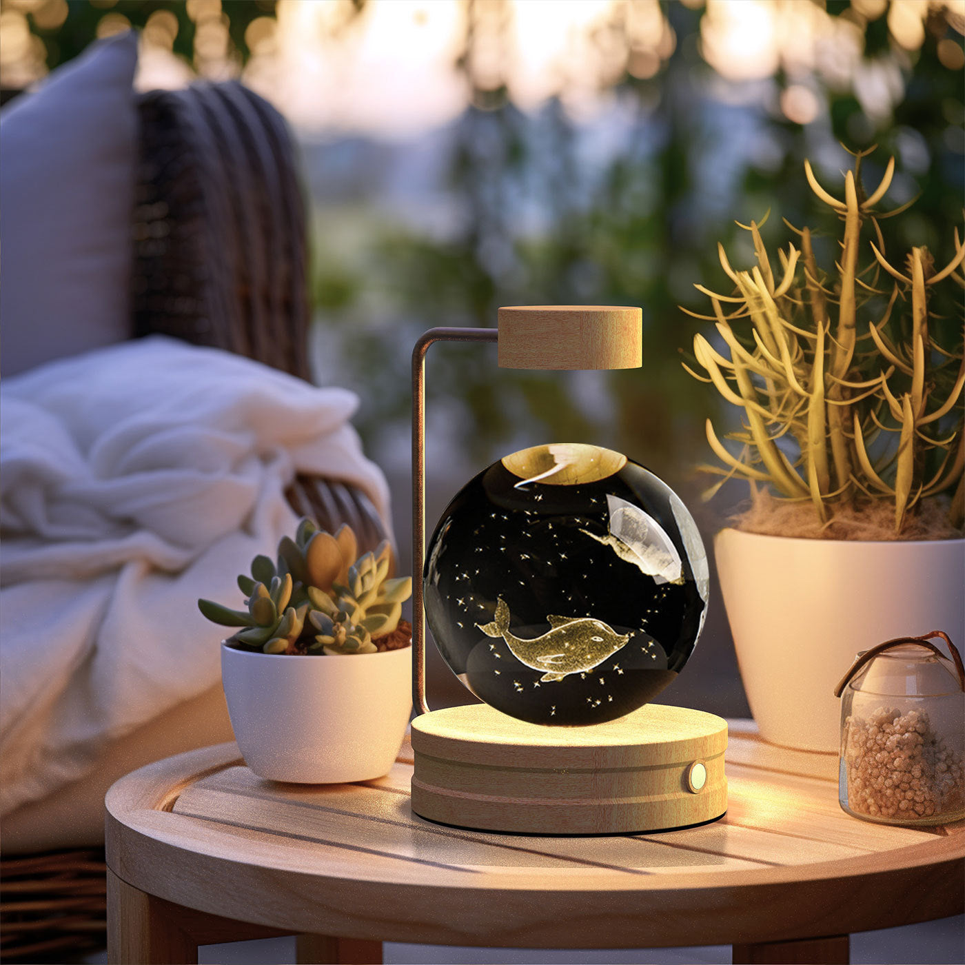 Crystal Ball Cosmic Dinosaur USB Night Light with wood base copper arm warm glow on Tampa Home & Garden Store