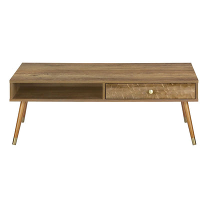 Coffee table walnut wood finish with storage drawer, open shelf, mid-century legs on Tampa Home & Garden Store