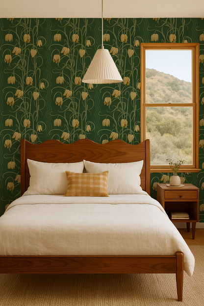 Papier peint Campanas, vert foncé et ocre