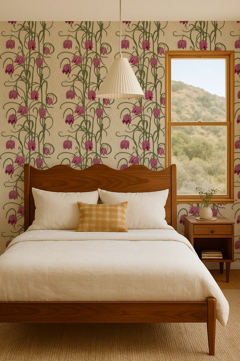 Campanas Wallpaper tan and purple floral pattern with green stems on a beige background in a bedroom on Tampa Home & Garden Store