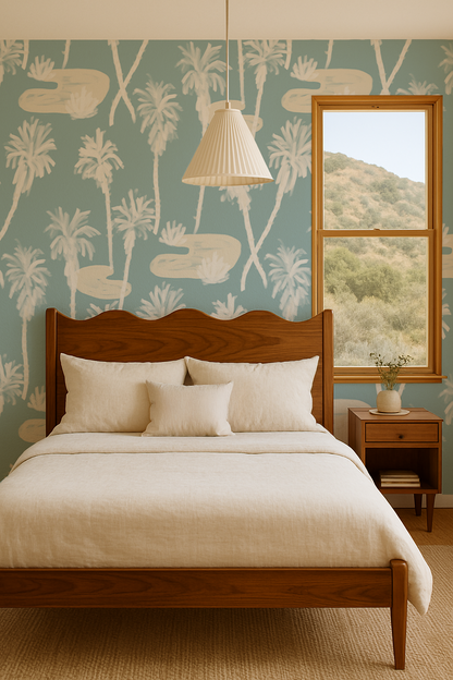 Papel pintado Palm Oasis, azul y blanco