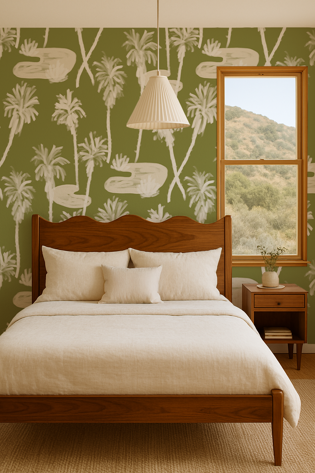 Papier peint Palm Oasis, vert olive et blanc