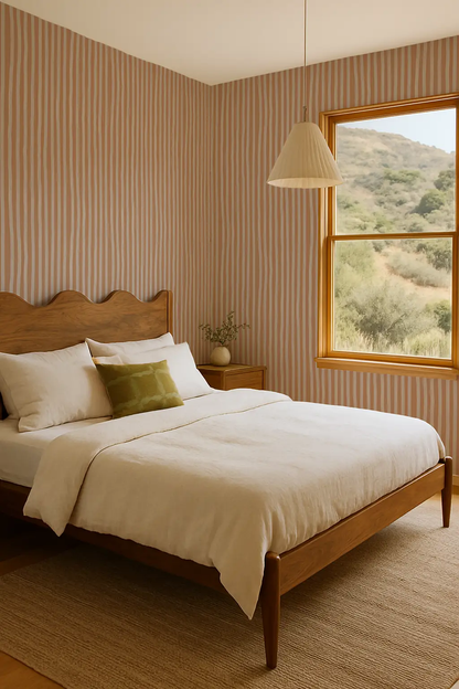 Dolce Stripe Wallpaper Apricot and Off-White striped wallpaper in a bright bedroom on Tampa Home & Garden Store