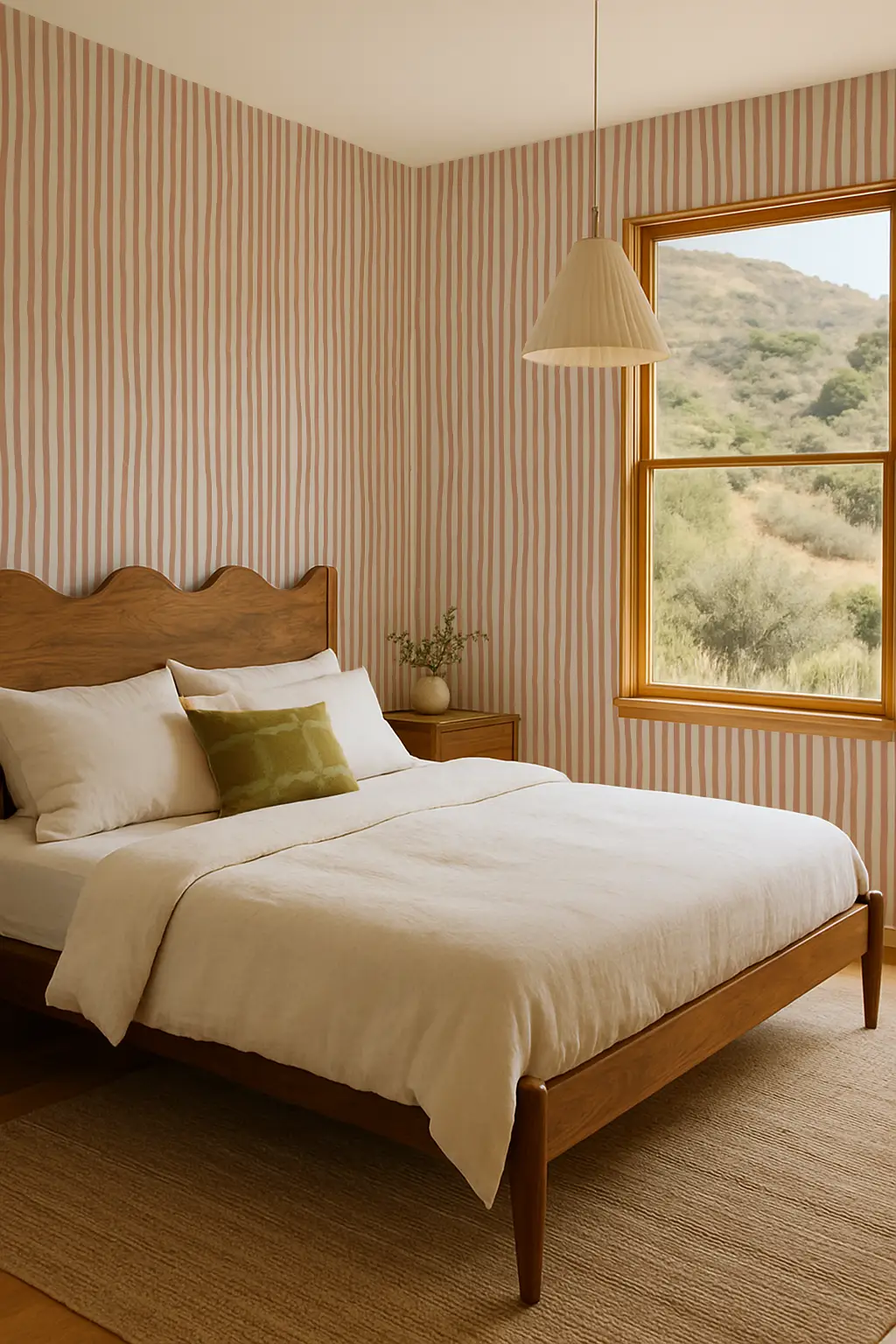 Dolce Stripe Wallpaper in off-white and peach on bedroom walls; warm wooden bed frame on Tampa Home & Garden Store