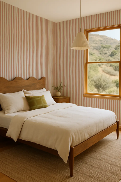 Dolce Stripe Wallpaper in off-white and peach on bedroom walls; warm wooden bed frame on Tampa Home & Garden Store