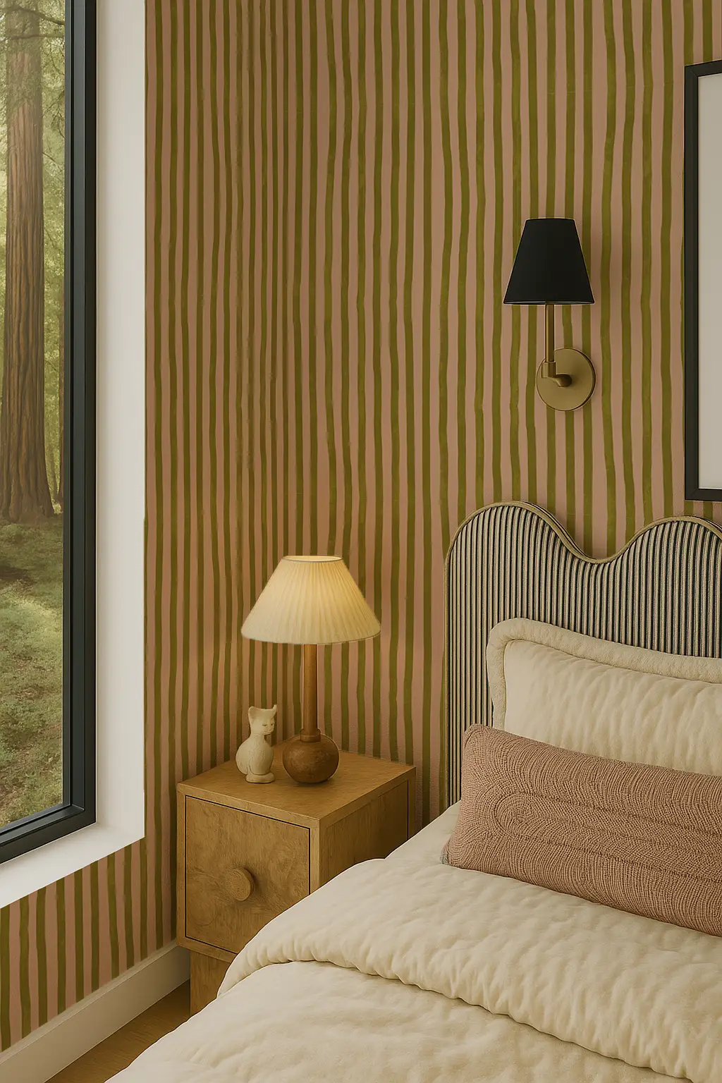 Dolce Stripe Wallpaper peach and chartreuse stripes on a bedroom wall with a wooden nightstand on Tampa Home & Garden Store