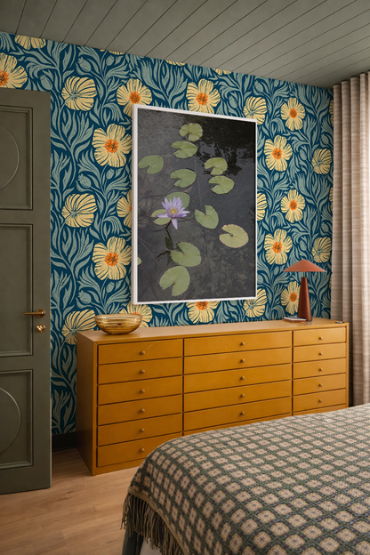 Matilija Wallpaper, navy, orange & mint