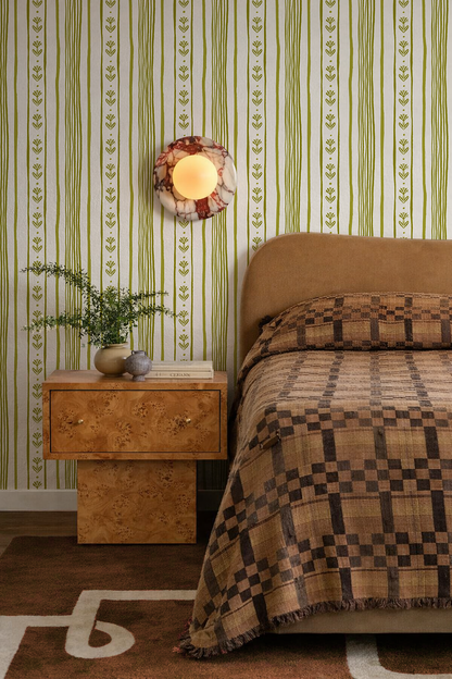 Daisy Chain Stripe Wallpaper, beige and chartreuse green