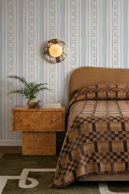 Daisy Chain Stripe Wallpaper, beige and light blue