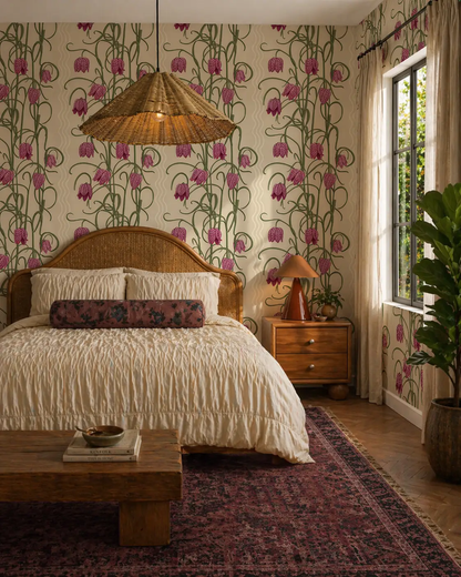 Campanas Wallpaper tan purple floral vine pattern in a cozy bedroom by Samantha Santana Creative on Tampa Home & Garden Store