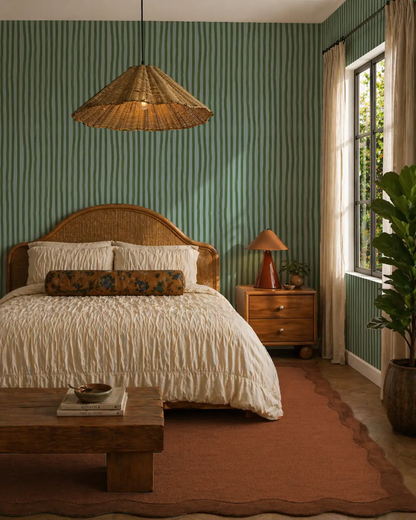 Dolce Stripe Wallpaper blue and green striped pattern in a cozy bedroom with a wicker headboard on Tampa Home & Garden Store
