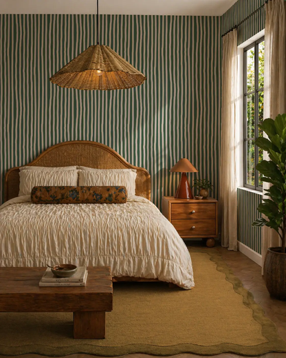 Dolce Stripe Wallpaper in Green and Beige with vertical stripes in a cozy bedroom on Tampa Home & Garden Store